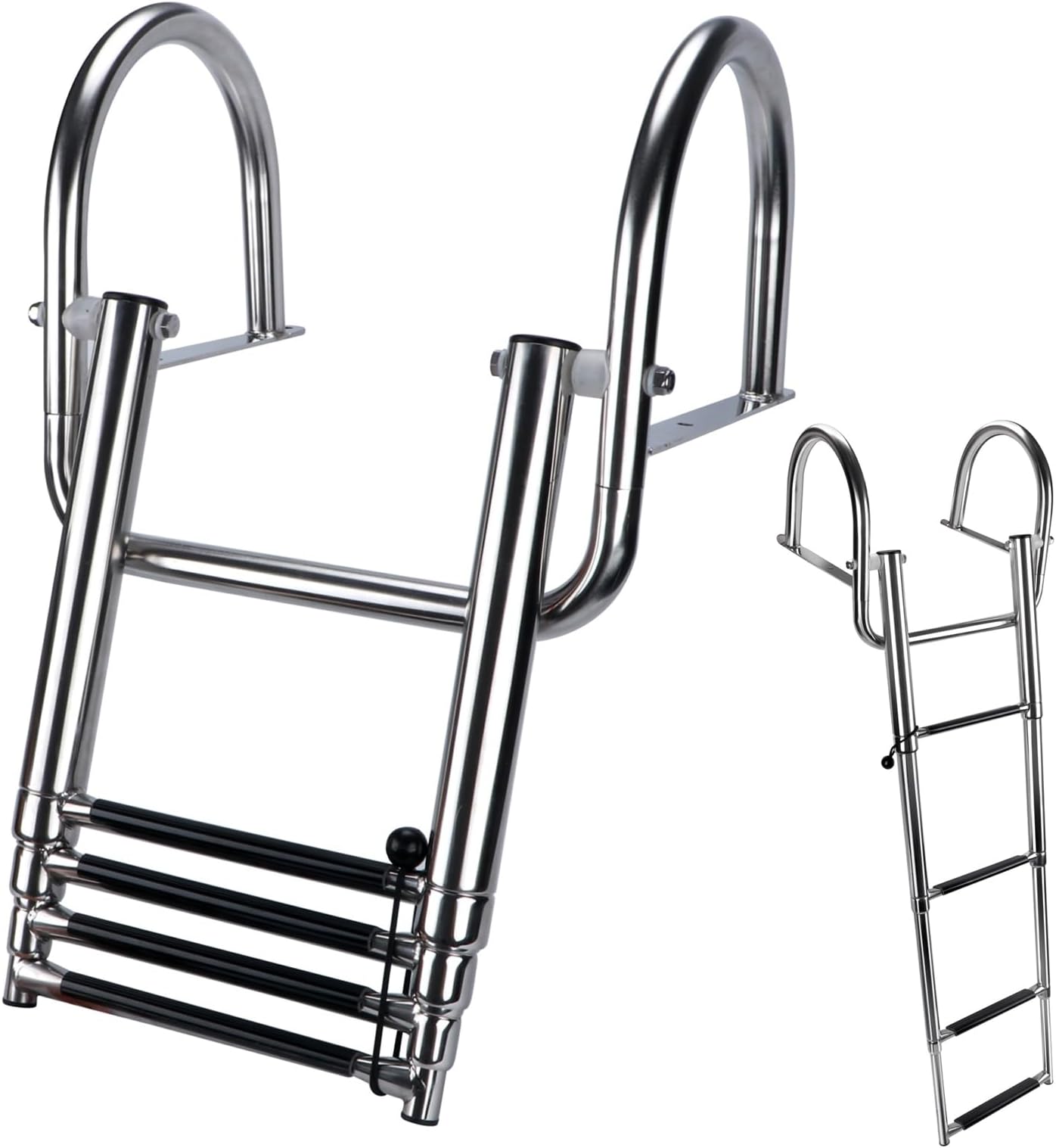 Hoffen 4 Step Pontoon Boat Ladder, Stainless Steel Telescoping Folding Boat Ladder Rear Entry Heavy Duty Custom Inboard with Pedal and Safe Handrails