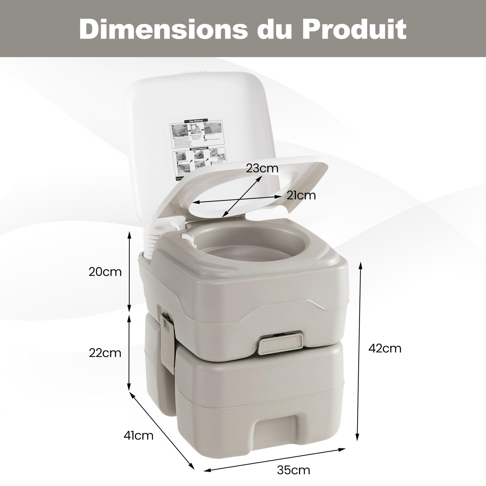 COSTWAY Toilette Portable avec Réservoir à Déchets de 20 L, Toilette Mobile avec Pompe de Rinçage et Entonnoir Télescopique, Commode pour Voyage Pêche Bateau Randonnée, Gris