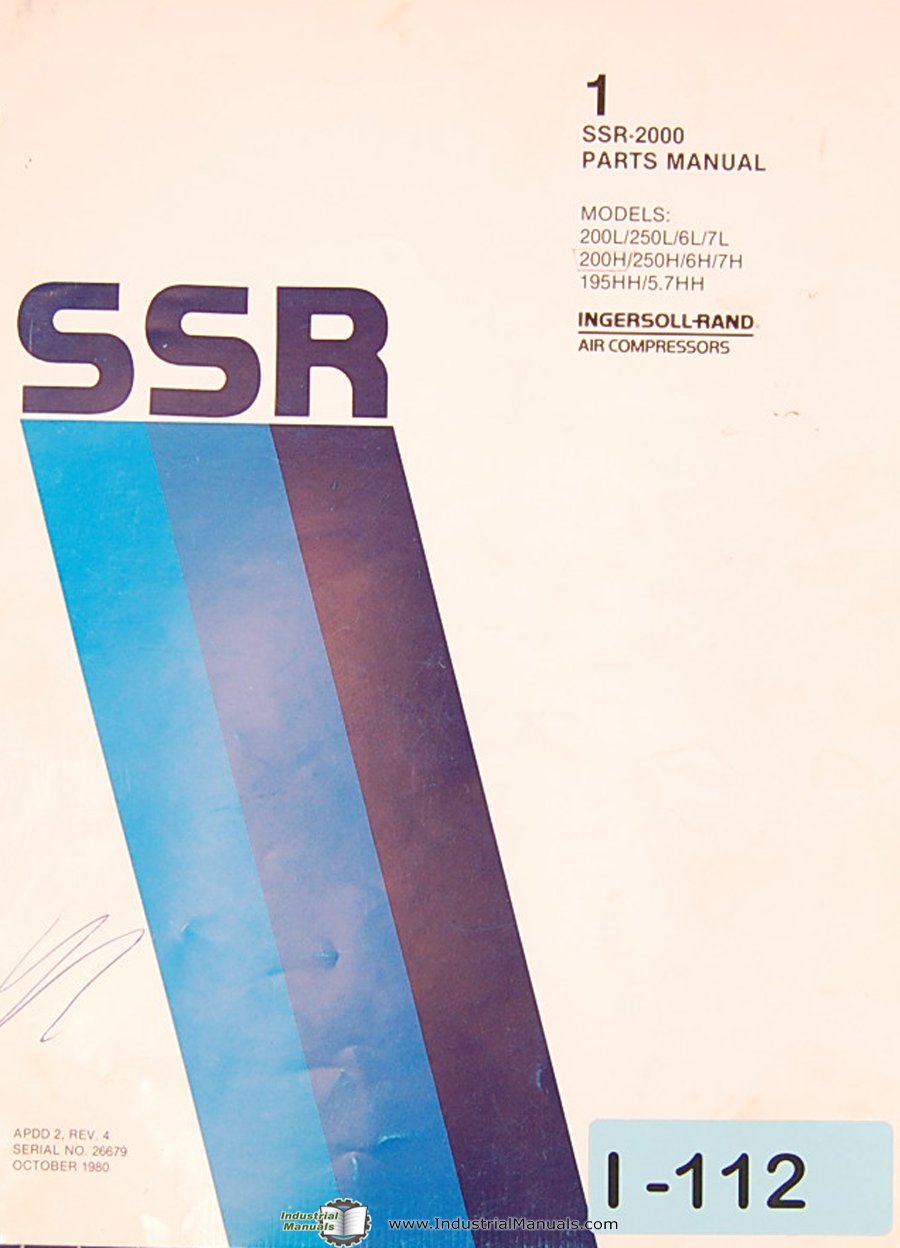Ingersoll Rand SSR 2000, Air Compressor, Parts List Manual Ingersoll