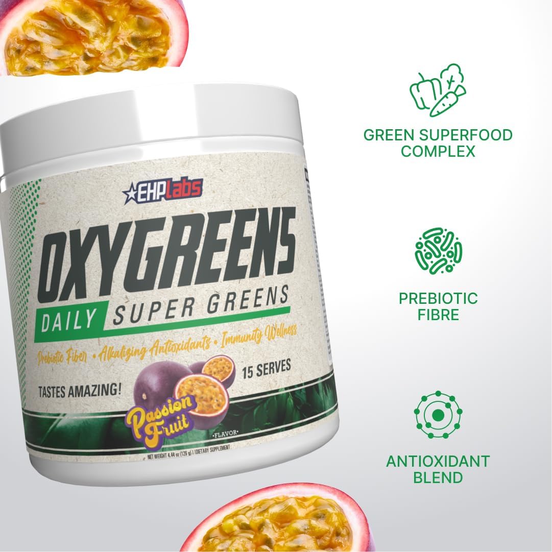 EHP Labs OxyGreens Super Greens Powder with Spirulina & Chlorella, Prebiotic Fiber, Probiotics & Digestive Enzymes – Antioxidant Green Superfood Supplement - 15 Servings (Passionfruit) - Image 3