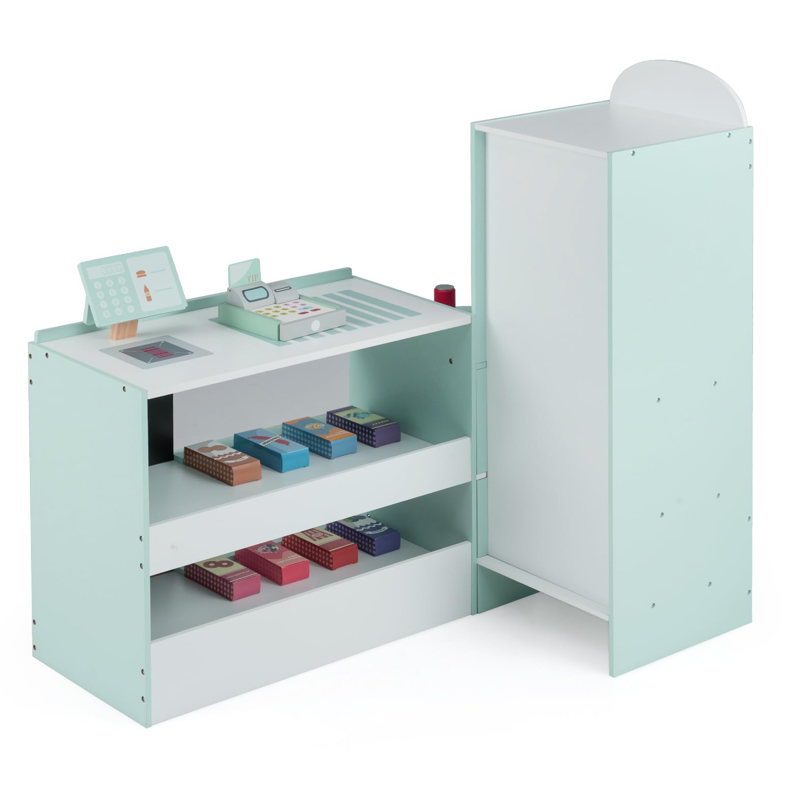 GOPLUS Kinder Kaufladen, Supermarkt aus Holz, Kaufmannsladen mit mit Kasse, POS-Automat & Verkaufsautomat, Einkaufsladen Rollenspiele mit 15 Zubehör & Tafel für Kinder von 3-8 Jahren (Minzgrün)