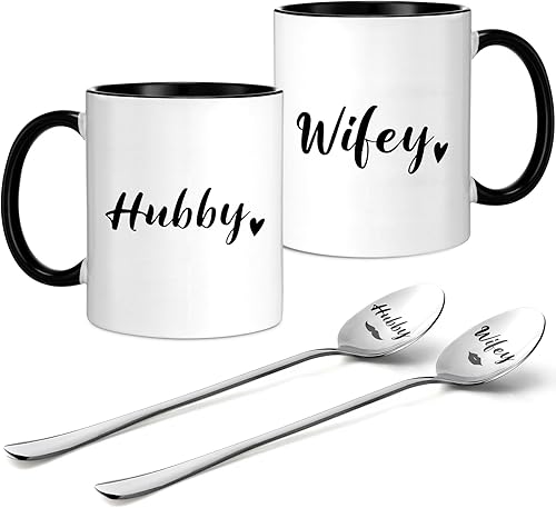 Hoolerry Juego de 2 tazas de café y cucharas para parejas, regalo de compromiso para parejas recién comprometidas, regalo de despedida de soltera,