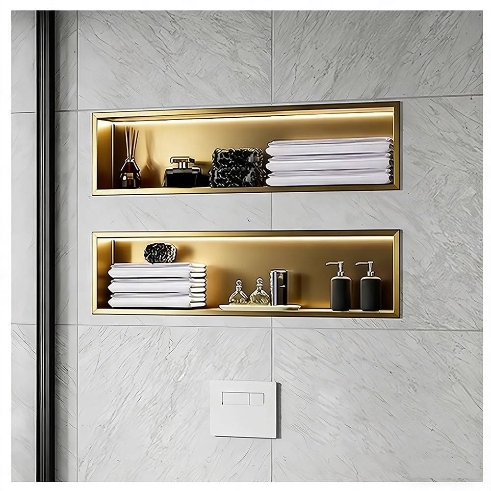 1 x D-Edelstahl-Dusche mit LED-Licht, wasserdicht, versenktes Wandregal für Badezimmer, keine Fliesen erforderlich, horizontal (920 x 320 x 125 mm)