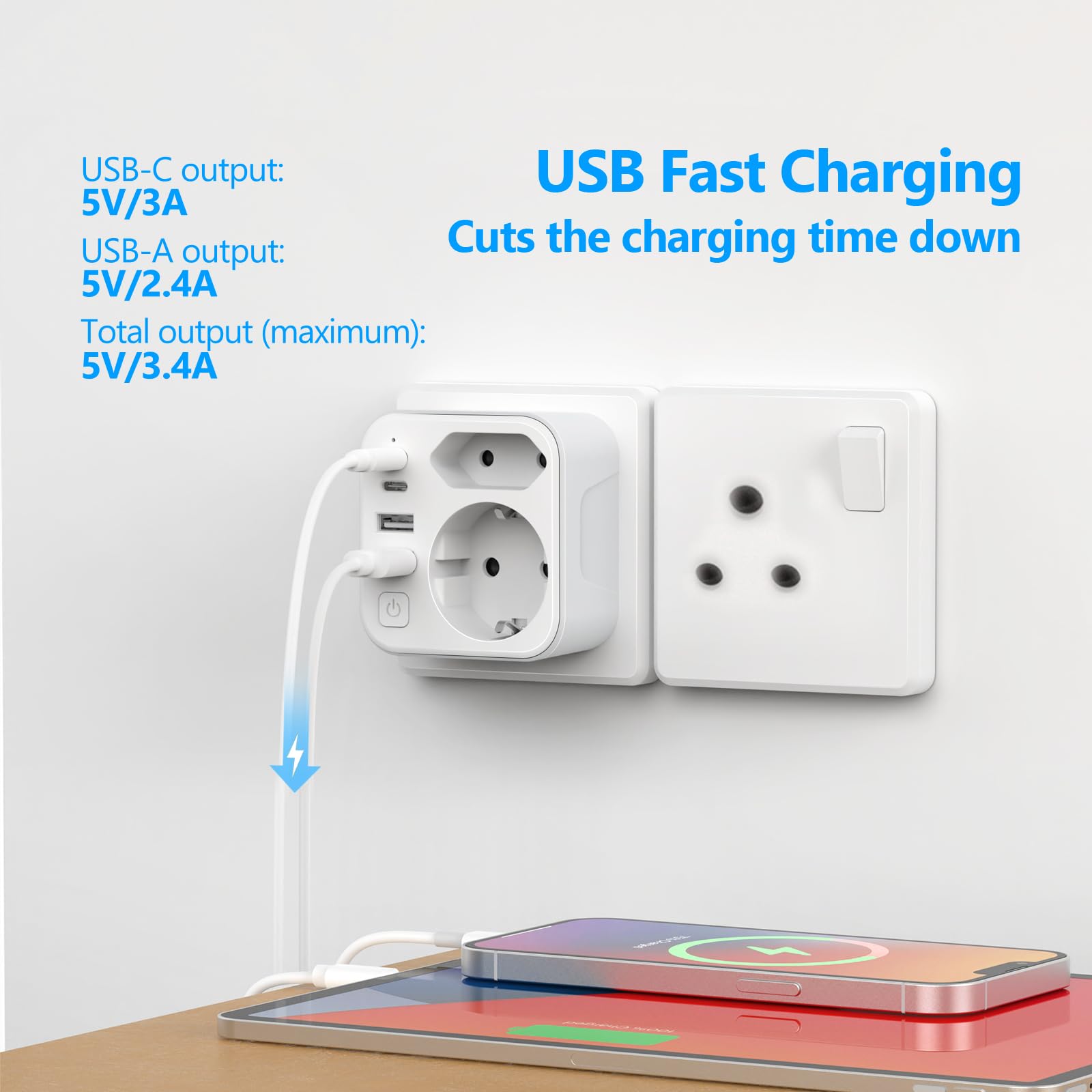 Adapter voor Zuid-Afrika, 5-in-1 reisadapter met 1 AC, 2 USB-C en 2 USB-A (3,4 A), 3-polige stekker voor Zuid-Afrika, Lesotho, Mozambique, Namibië, Swaziland en