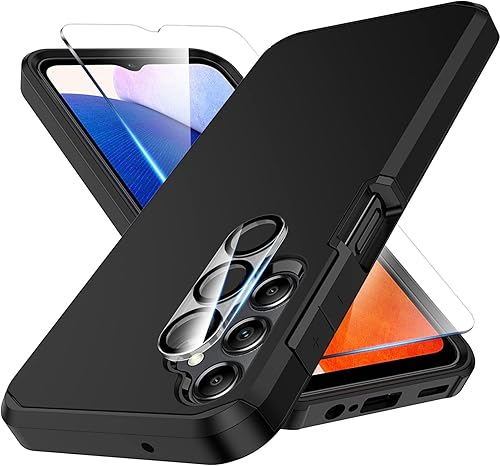 Huness Funda para Samsung Galaxy A13 5G protector de pantalla de vidrio templado duradero de fibra de carbono antiarañazos antihuellas bolsa de