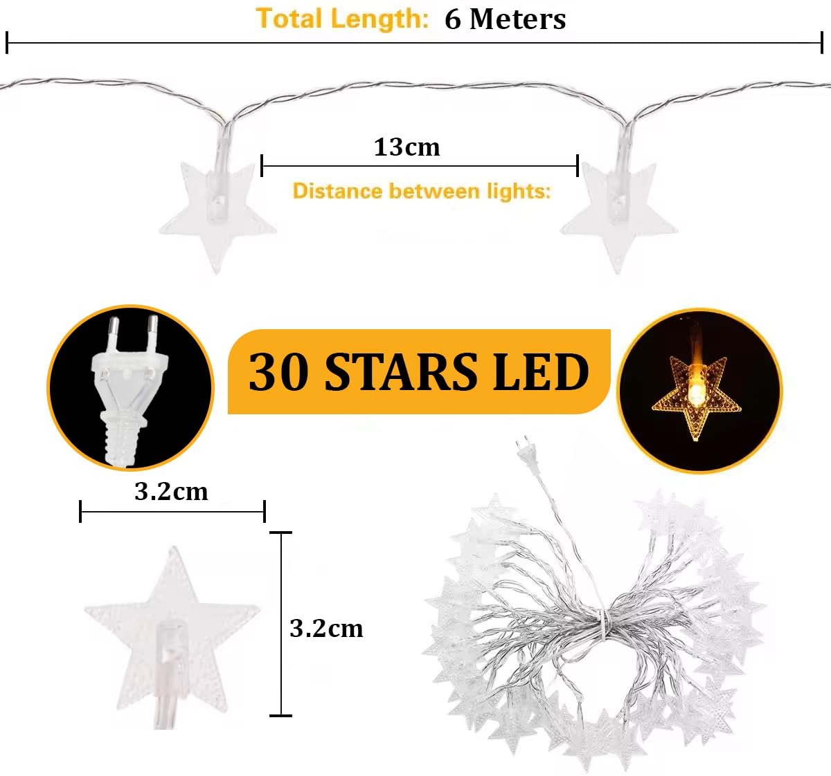 fizzytech Fairy Lights for Room Decoration, 8 Meter 30 LED Warm White Star String Lights, Plug-in Decorative Lights for Bedroom, Indoor Outdoor Decor, Diwali and Christmas