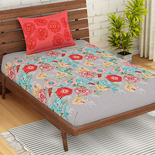 Image of Spaces Atrium Plus 210 TC 100% Cotton Single Bedsheet with 1 Pillow Cover (Floral, 60 inch X 88 inch Inches) - Grey