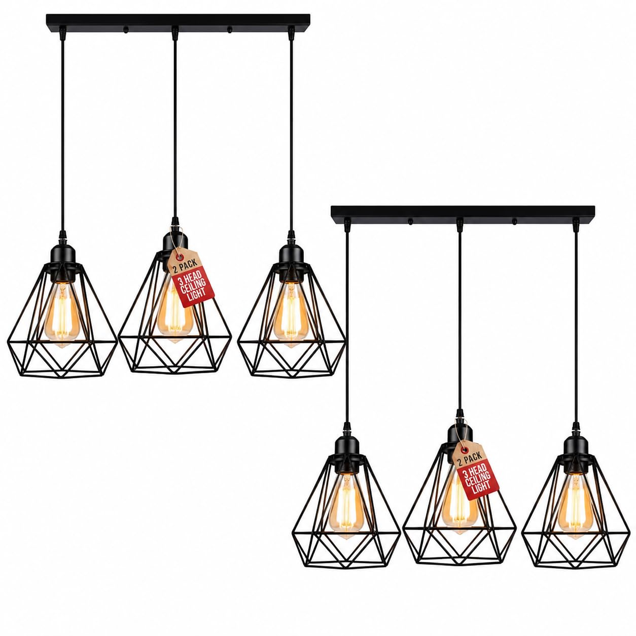 DC VOLTAGE 2 Pack Retro Industrial Ceiling Lights Fitting Metal Wire cage 3 Head Pendant Light Adjustable Rectangle Base Chandeliers E27 Bulb Living Room Hallway Kitchen. (Black 2Pack)