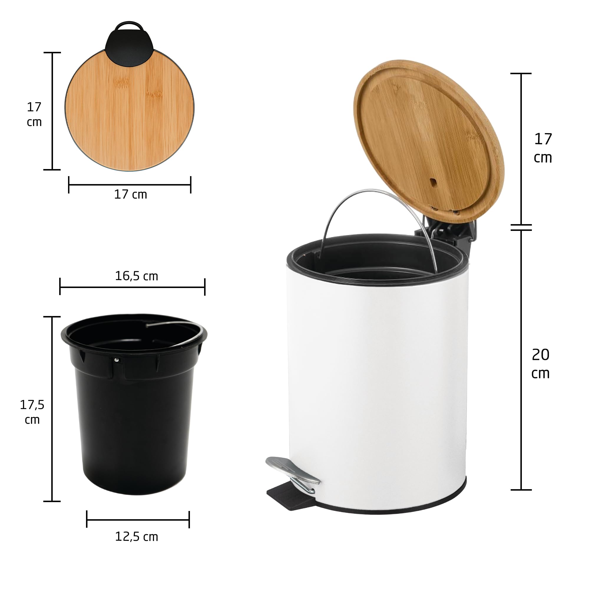 Amig - Cubo de Basura para Baño con Pedal 3 Litros Mod. Naturline - Color Blanco y Bambú - Apertura Higiénica sin Manos - Ø16,8 x 23 cm - Acero Inoxidable Lacado - Papelera Redonda con Tapa Hermética