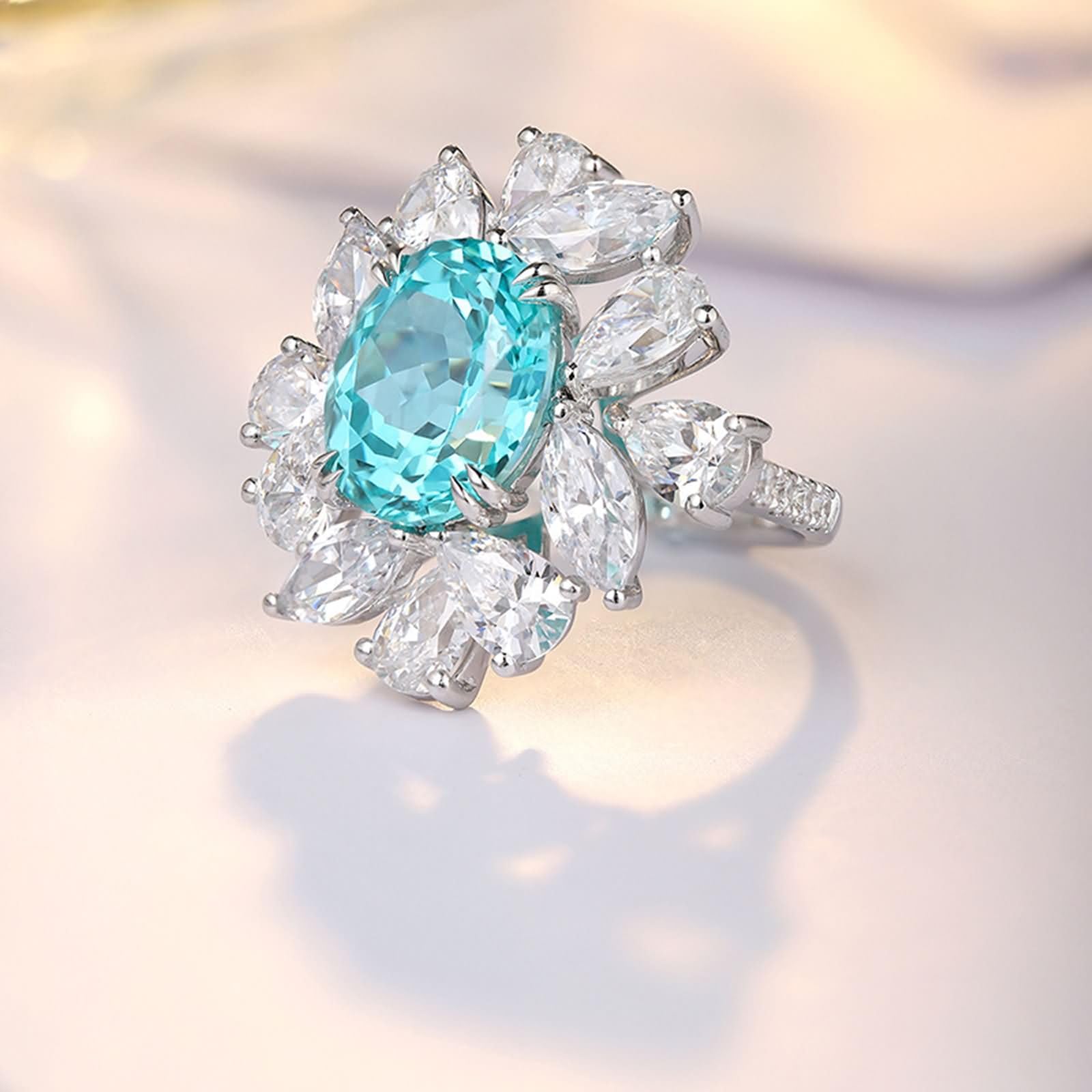 Daesar Anillos para Compromiso Mujer con Flor y Oval con Turmalina Paraiba Creada de 9.79ct y Moissanita, Oro Blanco 9K/14K/18K, Anillos de Boda y Compromiso Plata Azul Lago