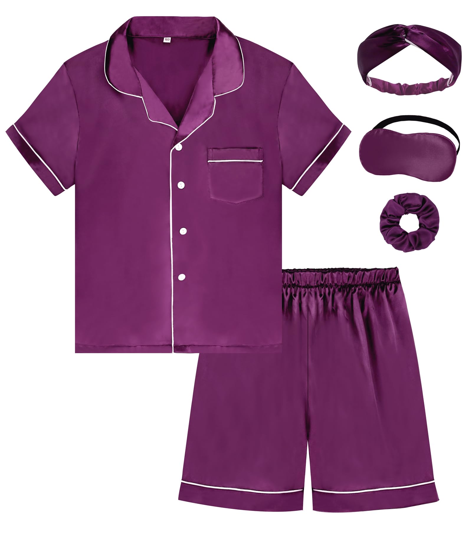 EPLAZA Kids Satin Pajamas Sets Girls Boys Button-Down Silky Pajamas Sleepwear with Hairband Eye Mask Hair Tie