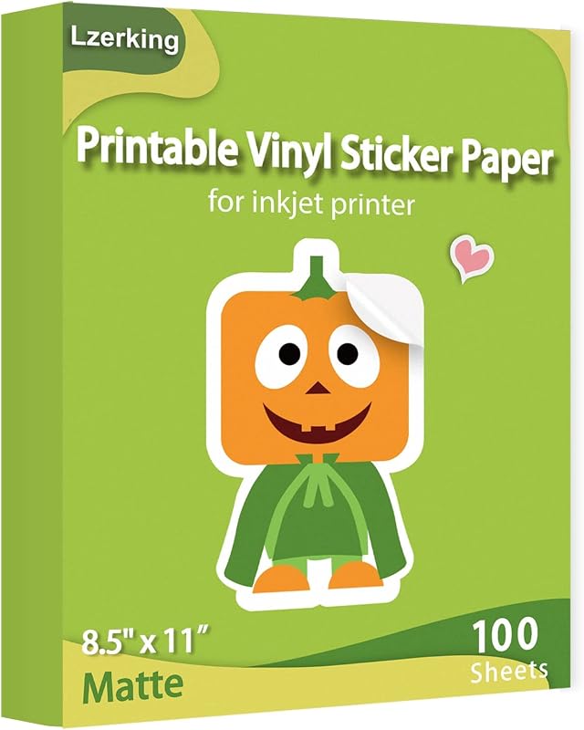 Lzerking Matte Printable Vinyl Sticker Paper 100 Sheets, Waterproof White | Sticker Paper for Inkjet & Laser Printers, 8.5" x 11" for DIY, Labels & Small Business Use, Vivid Colors, Quick Dry