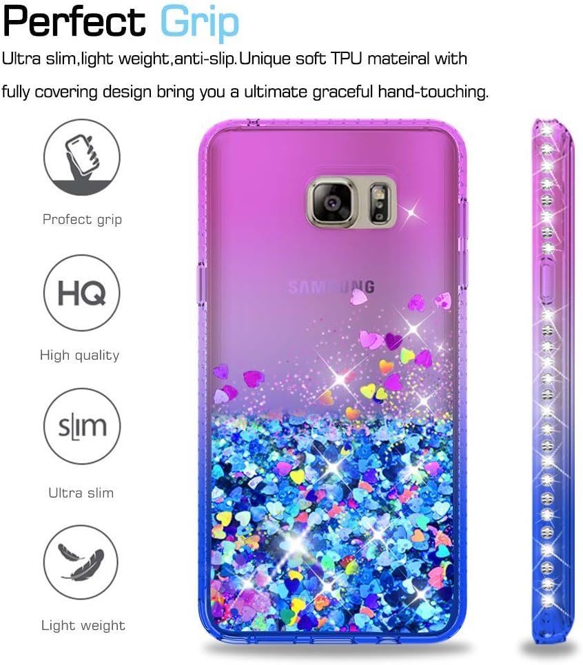 LeYi Galaxy Note 5 Case with Tempered Glass Screen Protector [2 Pack] for Girls Women, Bling Sparkle Diamond Liquid Quicksand Flowing TPU Protective Phone Case for Samsung Galaxy Note 5 Purple/Blue