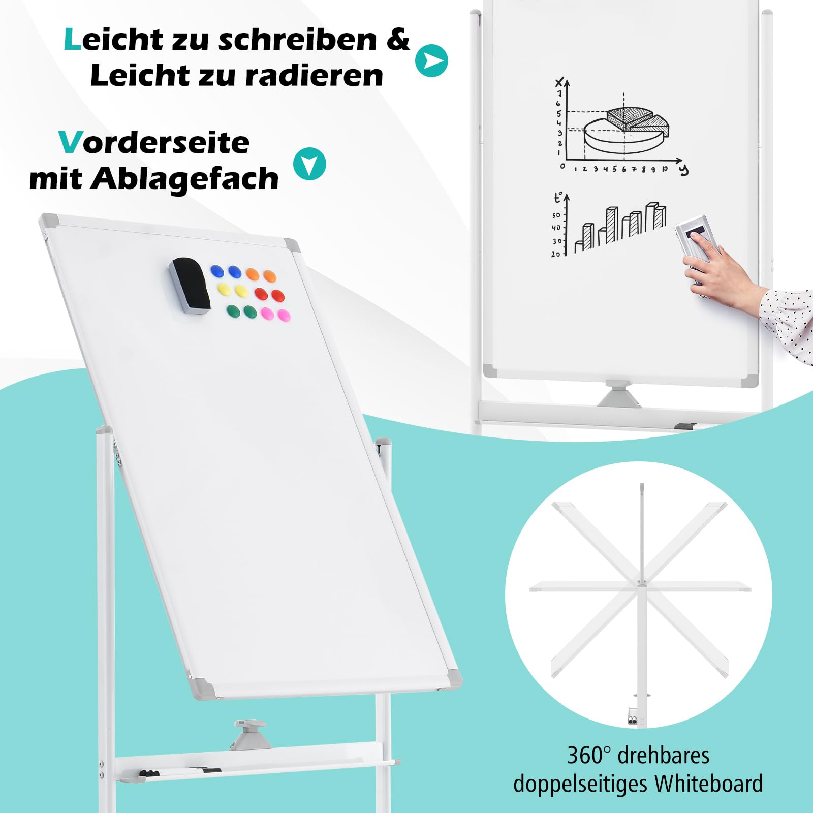 GOPLUS Pizarra blanca magnética con soporte, pizarra blanca de doble cara con juego de accesorios, borrado en seco, pizarra blanca móvil, altura ajustable, para escuela, oficina, hogar (60 x 100 cm