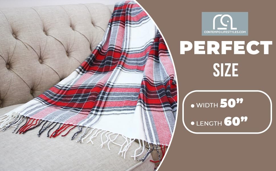 Ivory and Red Plaid Wool Throw Blanket 50" x 60"