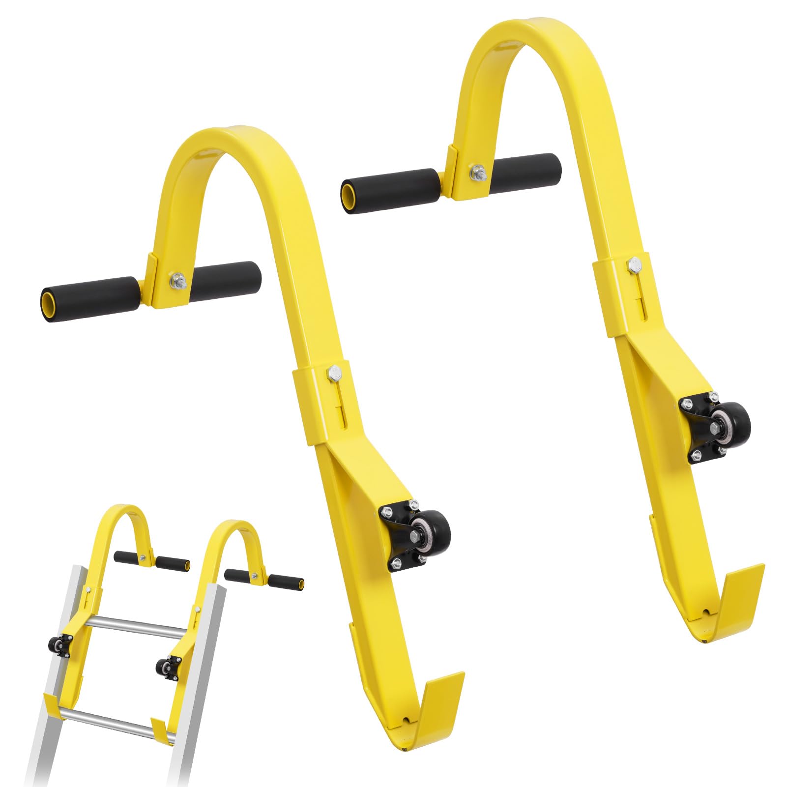 2PCS Roof Ladder Hook kit, Universal Roof Hook Ladder Kit with Wheel, Ladder Stand Off with Rubber Grips, Heavy Duty Steel 661 lbs Weight Ratin for Safe and Easy Access(Yellow)