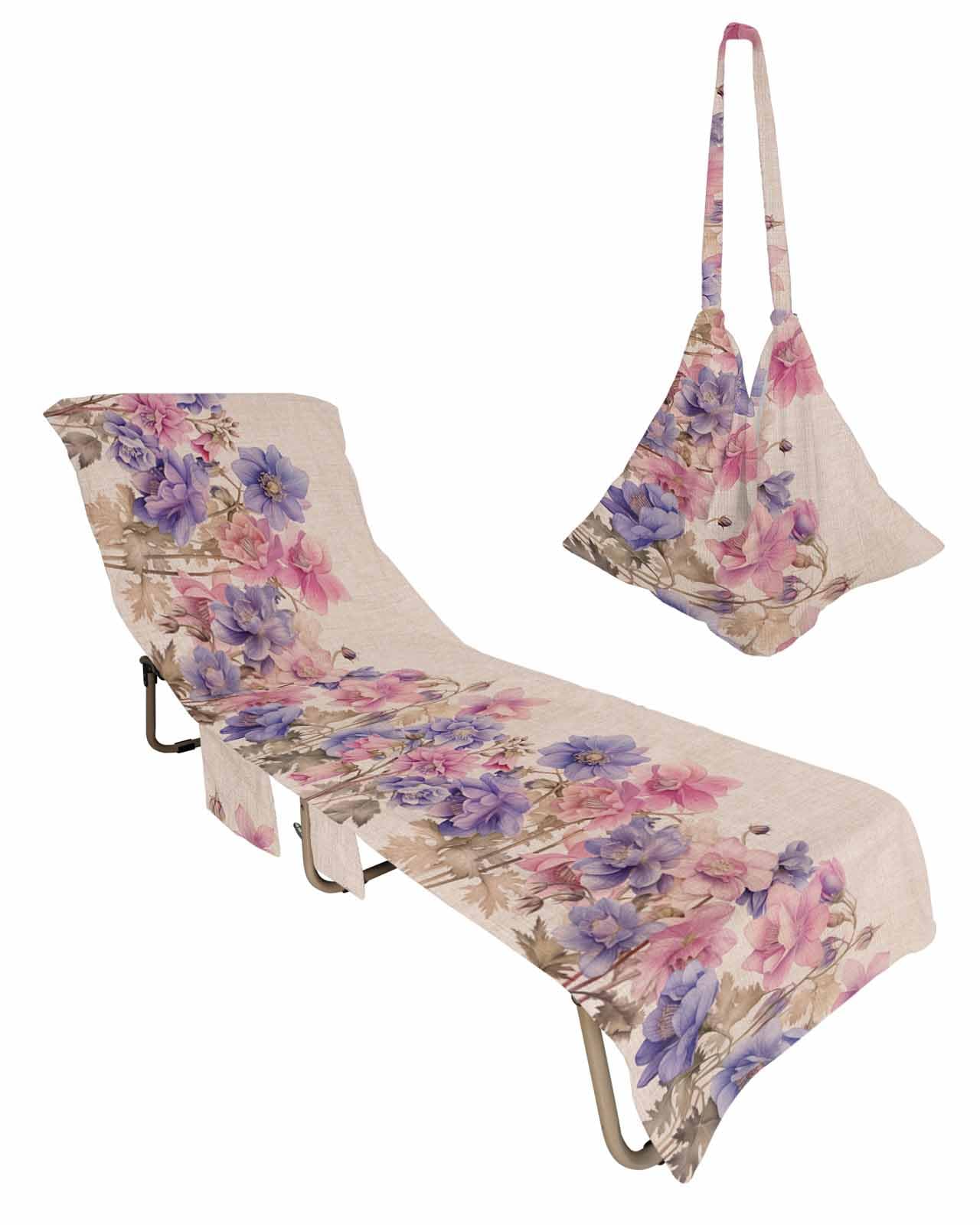 Pink Blue Spring Floral Beach Lounge Chair Towel Cover, Soft Chaise Lounge Towel with Side Pockets Patio Pool Chairs Cover for Beach/Pool Sunbathing 29x85 Rustic Summer Flower Botanical