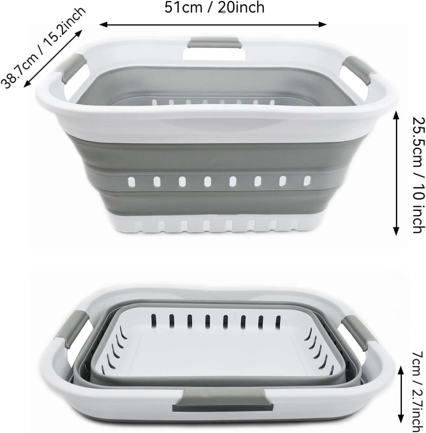 SAMMART 30L (8 gallon) Collapsible 3 Handled Plastic Laundry Basket - Foldable Pop Up Storage Container/Organizer - Space Saving Hamper/Basket (White/Grey)