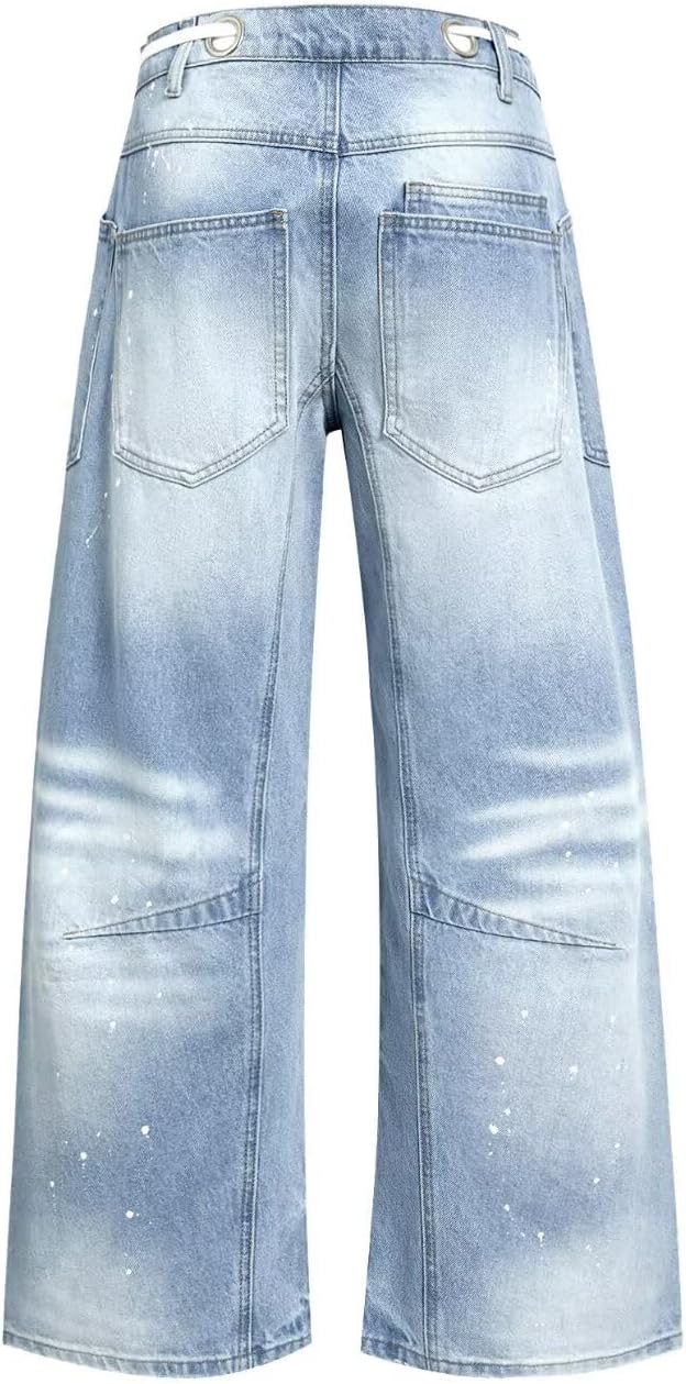Flamingals Wide Leg Mid Waist Causal Baggy Barrel Jeans for Women Drawstring Eyelet Waist Denim Pants - Image 4