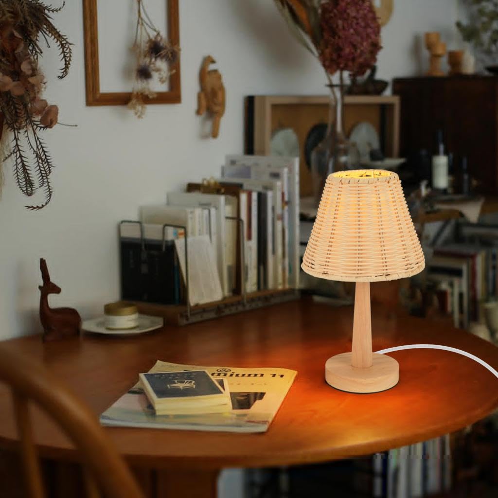 Juego de 2 lámparas de mesa de bambú tejiendo lámpara de noche de madera estilo bohemio iluminación de mesa nocturna decorativa para dormitorio oficina