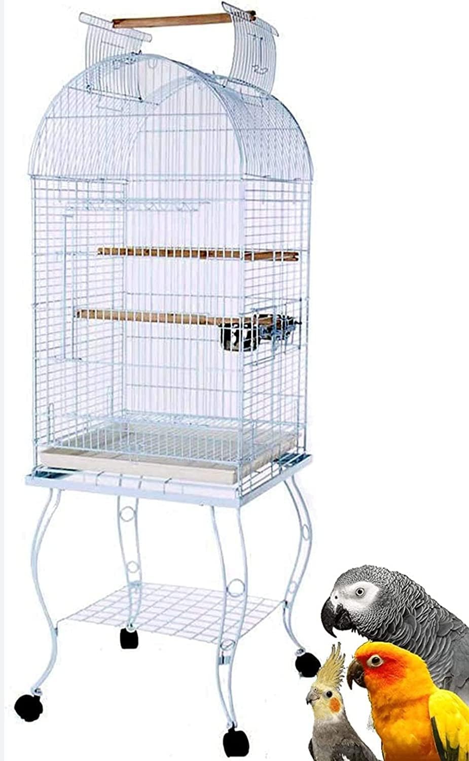 parrot Bird cage with rolling stand 3 wood stick 2 Food Container large with top stand for big parrots such as casco cocatoo,conure,Parakeet,Budgerigar,Fischer Lovebird,cockatiel (WHITE)
