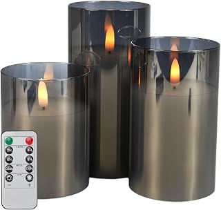 Smoky Gray Glass Flickering Flameless LED Candles with 10-Key Remote and Timer,4", 5", 6" x 3" Pillar Battery Operated Candles for Home Decoration(Set of 3)