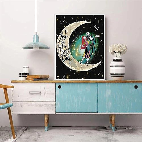 Miniatura 2 de honrtreb - Pintura de diamante 5D para adultos, kit de pintura de diamantes Jack y Sally con luna, kit de arte redondo de diamantes de taladro