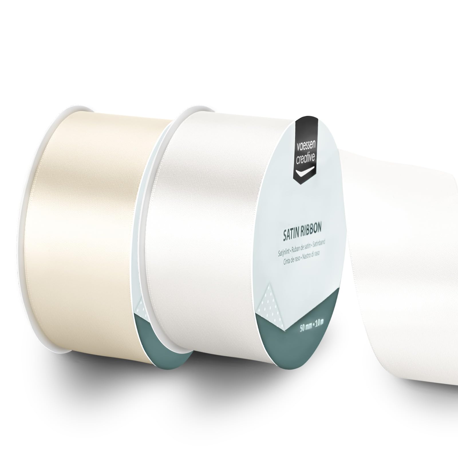 Vaessen Creative Satin Ribbon Set - 2 Wedding Colours of 32.8 ft x 2" - White - Thin Ribbon for Gift Wrapping and Crafting, 10mx50mm