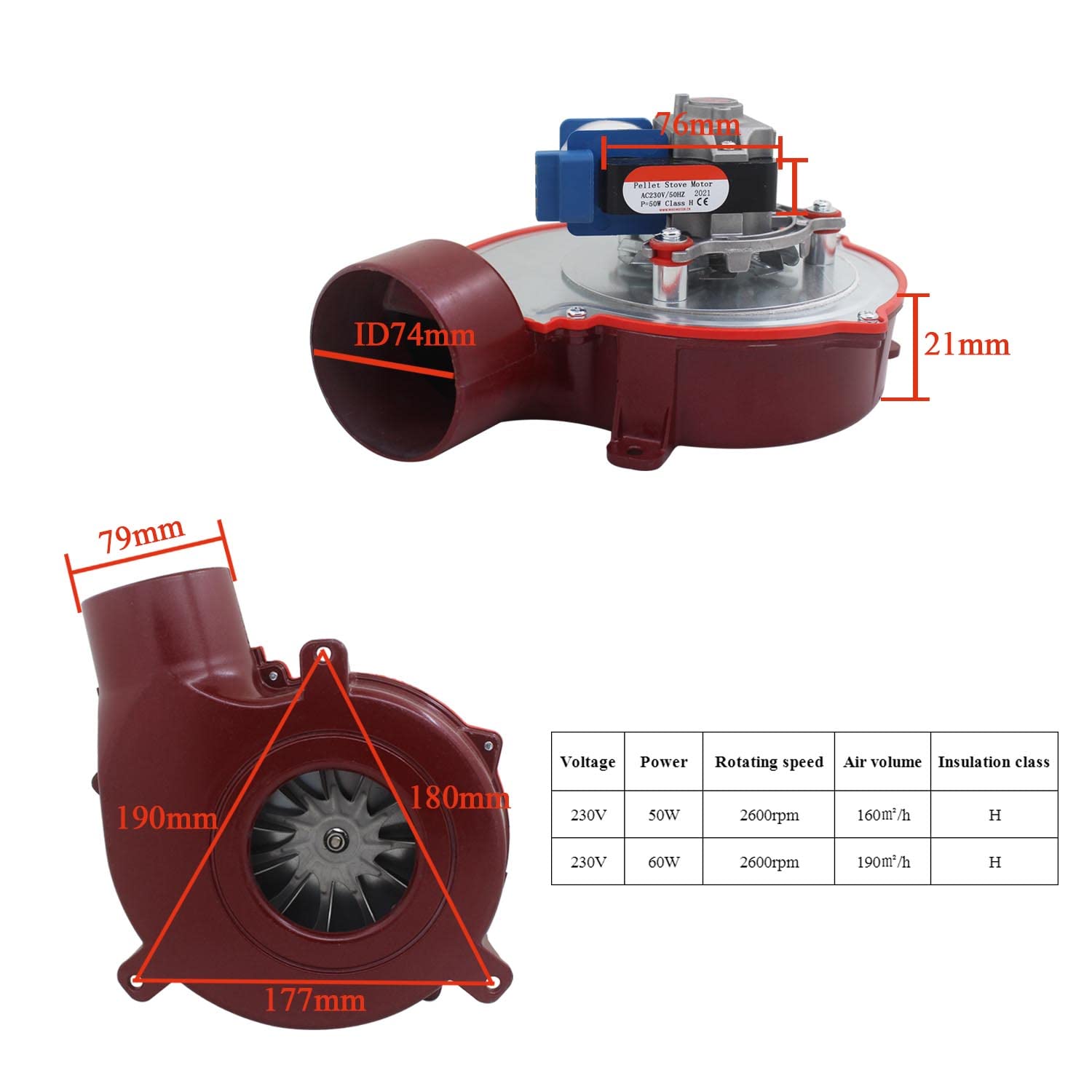 Ventilador centrifugo estufa pellets 230v 50 60w motor extractor radial de aire ventilador caldera biomasa humos chimenea (50W)