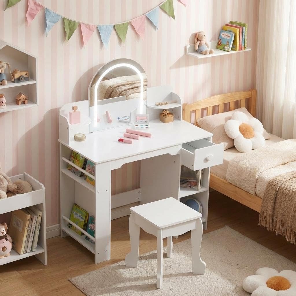 GAOMON Lighted Mirror Kids Vanity Table & Chair Set – Wooden Princess Makeup Desk with Bookshelf, Storage Drawer, Open Shelves – Perfect for Girls' Bedroom or Playroom – Purple Belt Accessories