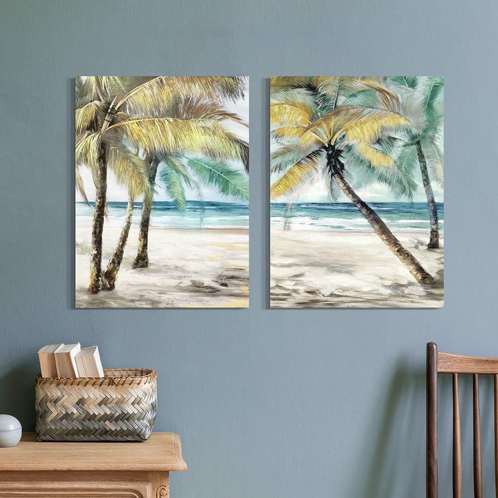 Lienzo Tropical Para Pared - Olas Del Océano Y Hojas De Palm