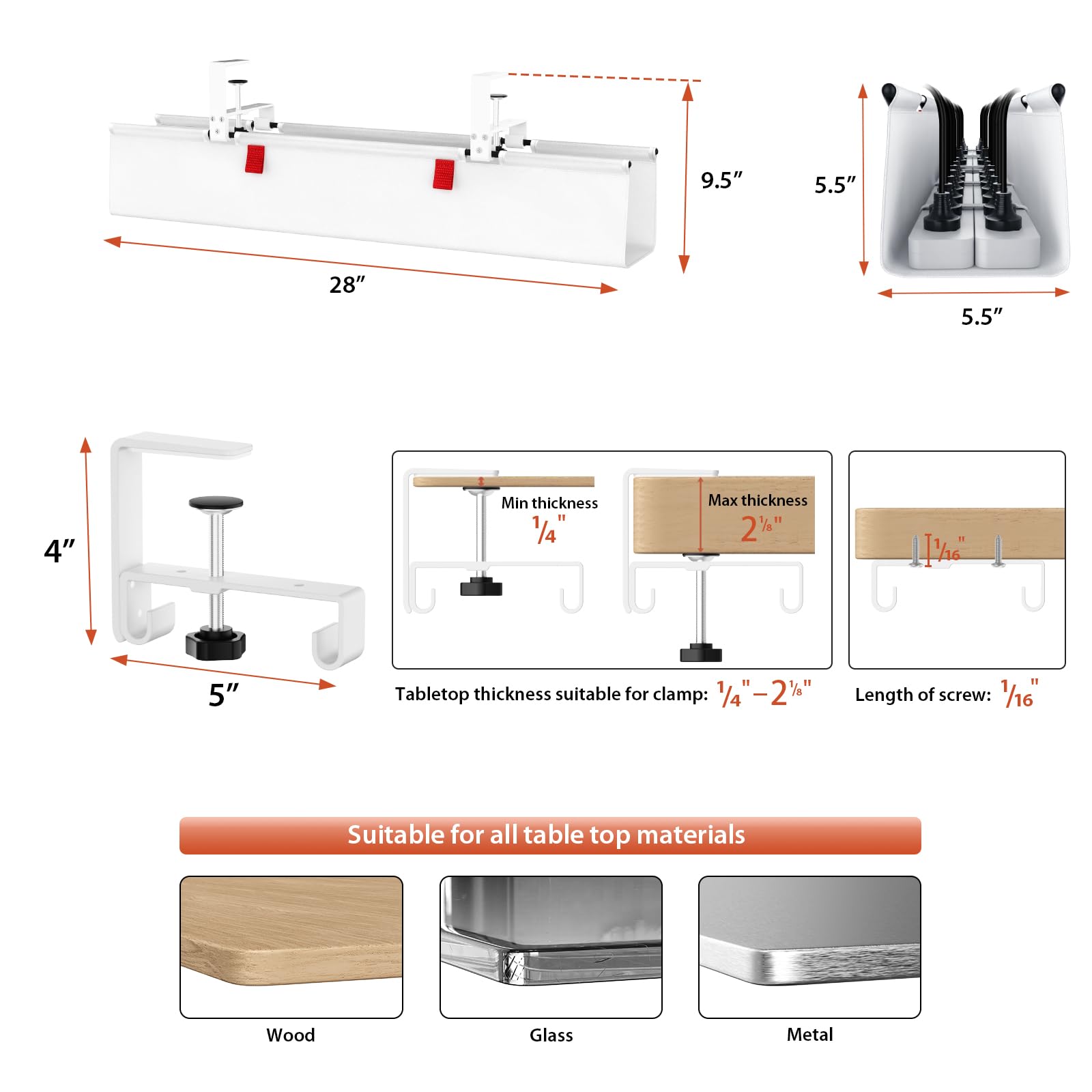 Univivi Kabel-Management-Tablett ohne Bohren, 71,1 cm Kabel-Organizer für Tisch, Klemm-/Schraubbefestigung, Schreibtisch-Kabel-Management, Premium-Stoff-Kabelmanagement-Tablett für Büro, Zuhause