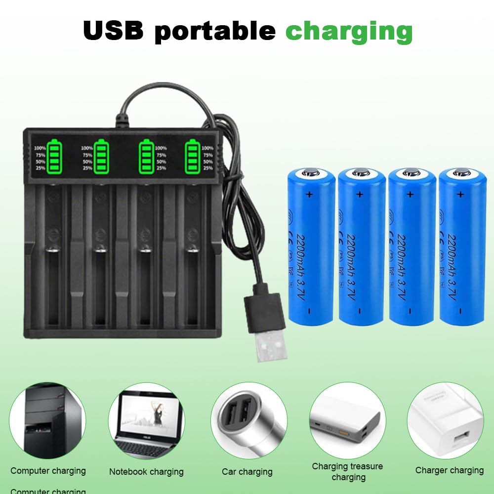 4 Pezzi 2200mAh Batterie 3.7V Ricaricabili, 3.7Volt Button Top NiMH Batteria Ricaricabile con Caricabatterie a 4 Slot, per Fotocamera, Piccolo Ventilatore, LED Lampada Frontale, Luci Solari