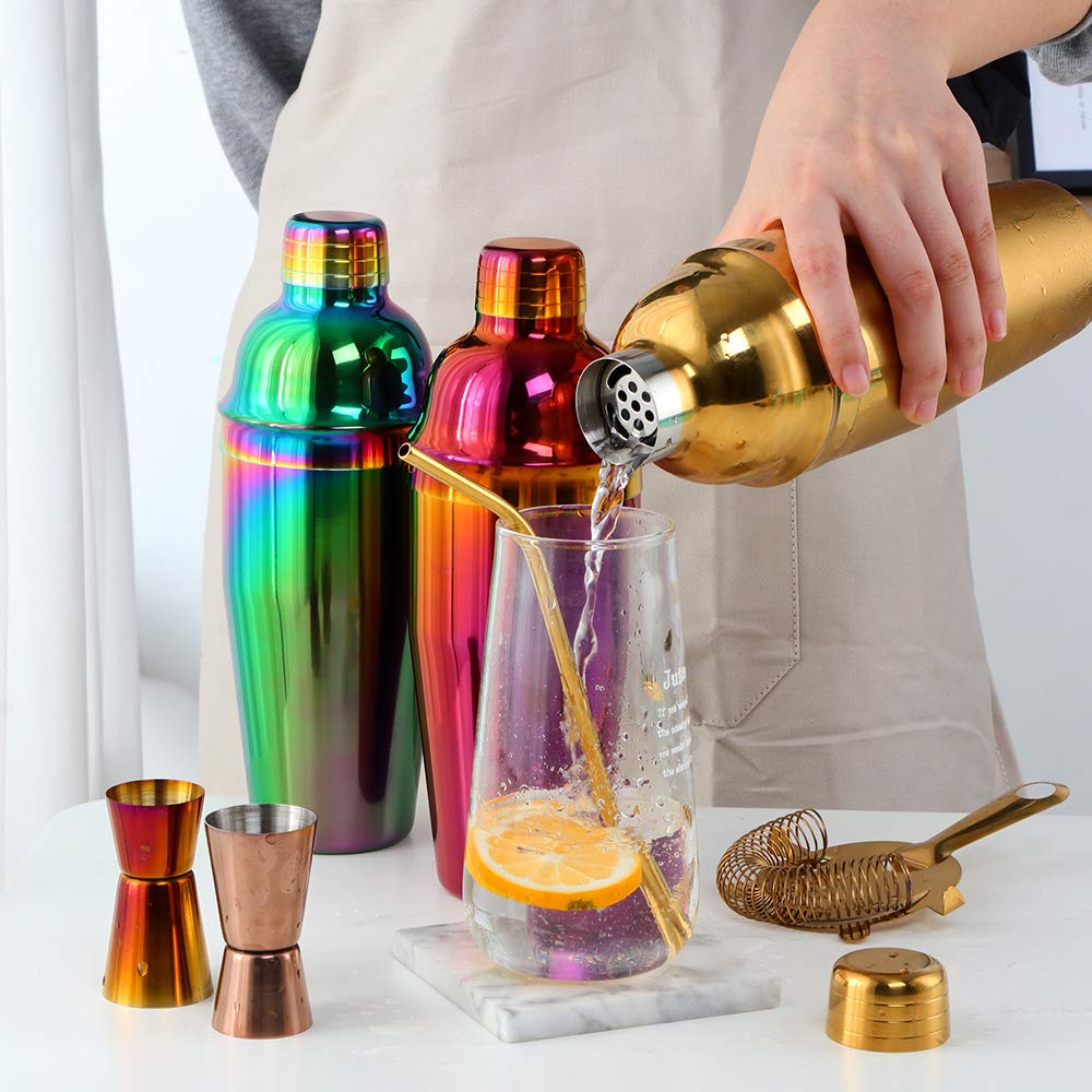 6 Pcs Cocktail Shaker Set,Martini Shaker Built-in Drink Shaker Strainer, Muddler, Jigger, Mixing Spoon, Recipe Book for Bartending - Bar Shaker/Alcohol Shaker