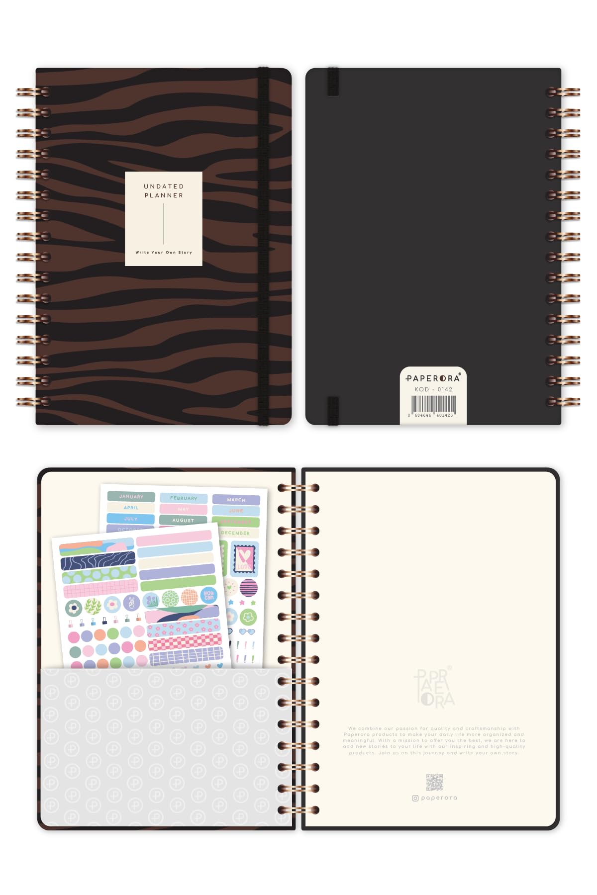 PAPERORA Spiralli Süresiz Planlayıcı Ajanda Kahverengi Zebra- 15x21