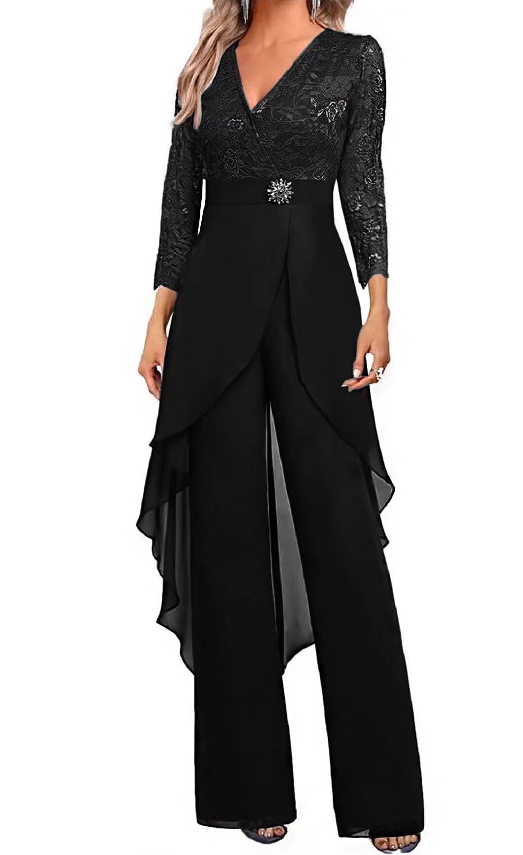 Chiffon High-Waisted Applique Mother of The Bride Pant Suits Formal Lace Beading Wedding Guest Jumpsuit for Women