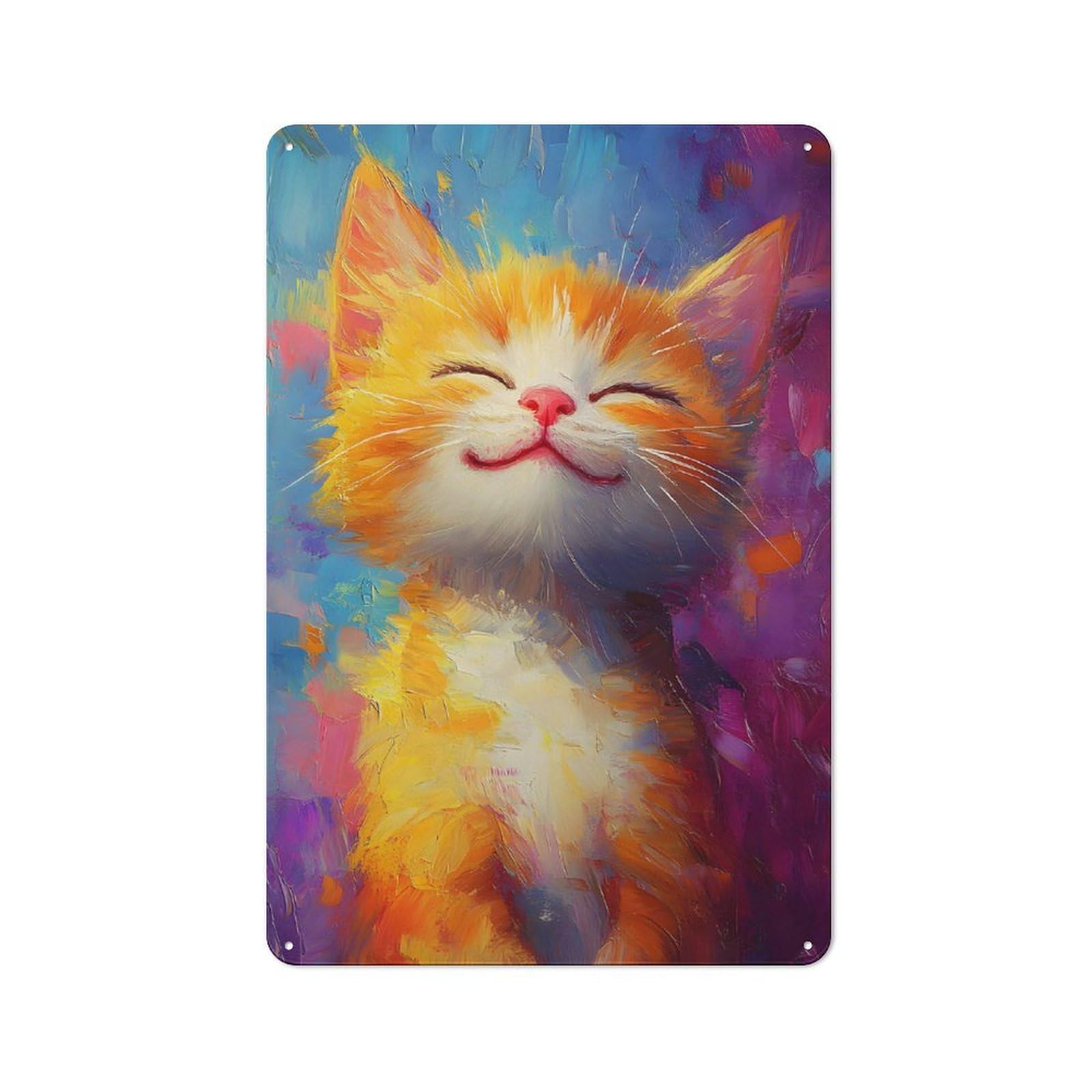 Junmoney Smile Of Joyful Cat Tin Wall Plaque With Design 30X20cm, Country Vintage Cottage Wall Art For Kitchen, Cottage, Porch Or Garden Room