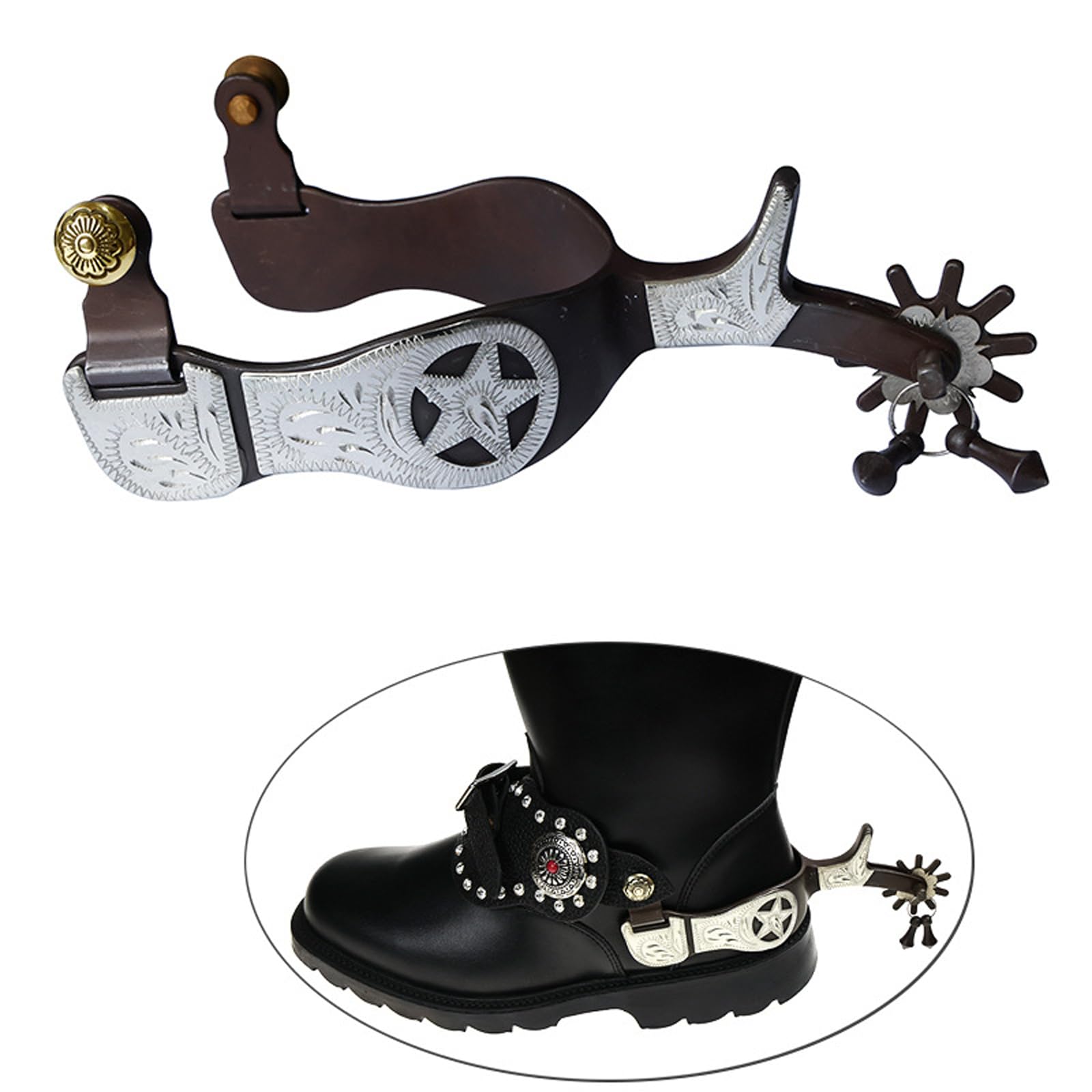 2 Stück Sporen für Westernstiefel, handgravierte BHS, Finish Deutschsilber, Texa Sternmotive, 76 mm große Öffnung, große Herrensporn