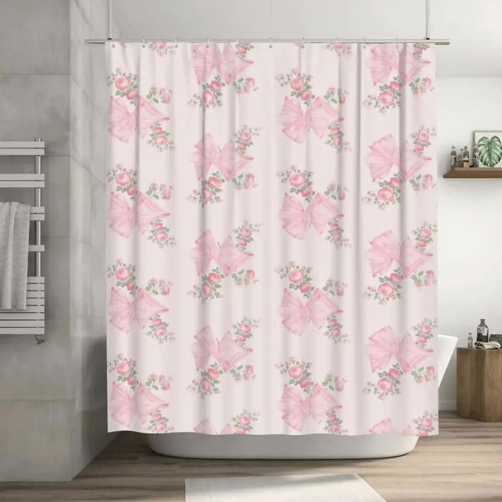 GFRYIIO Pink Roses Shower Curtain Polyester fabric Waterproof Mildew Resistan With Hooks Machine Washable for Home & Hotel Bathrooms 90x180cm/35x71in(WxH)