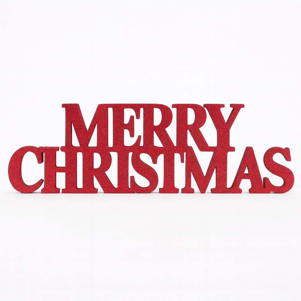 Lizzy | Christmas Glitter Sign | 10cm x 32cm, Red, Free Standing, Foam, Glittered Finish | Festive Decoration for Home, Office, Party Displays, Seasonal Ornament