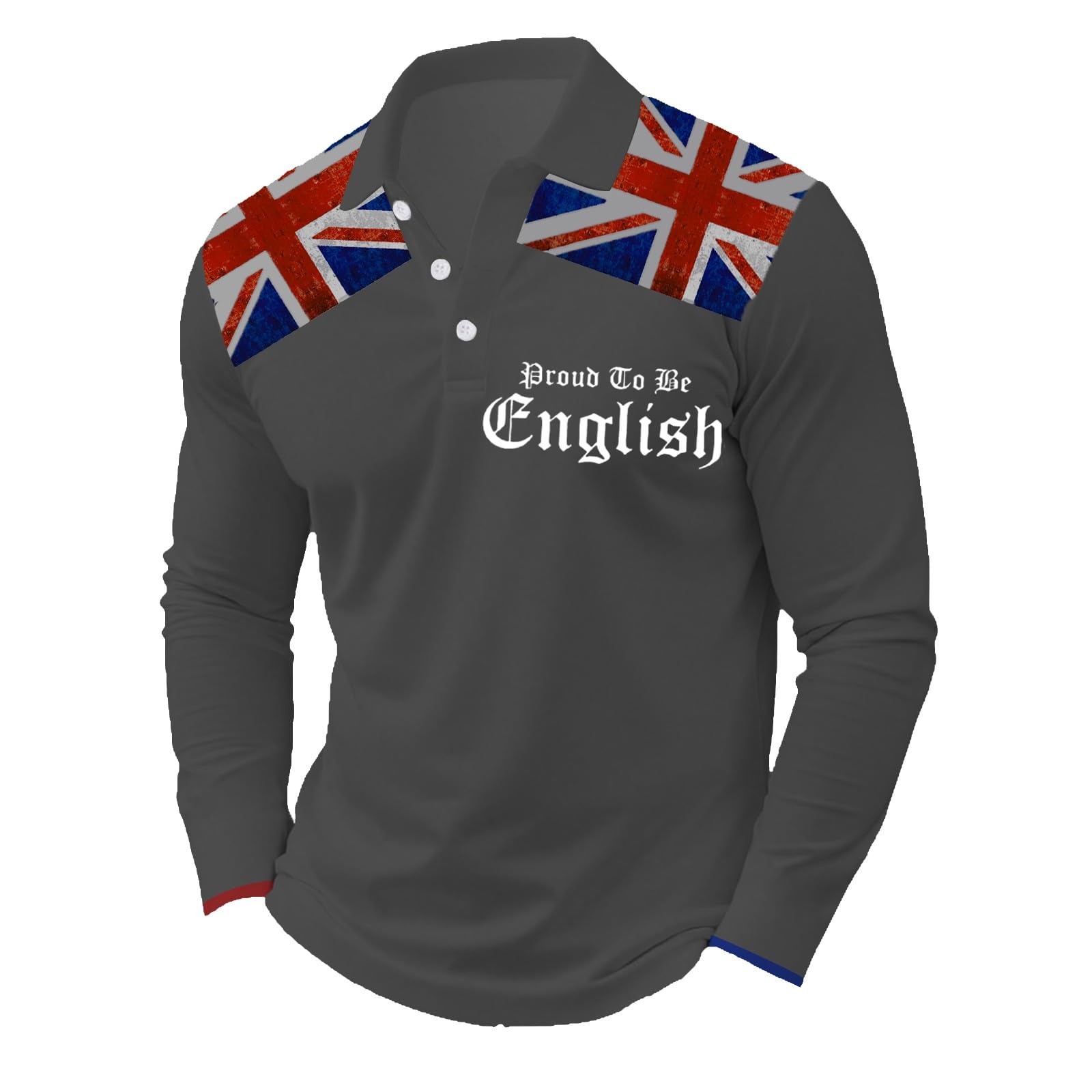 Men's Long Sleeve Union Jack Polo Shirt - Proud to Be English Graphic Print Rugby Top - Casual British Flag Collar Tee for UK Patriotic Events Gifts for Men Dark Gray
