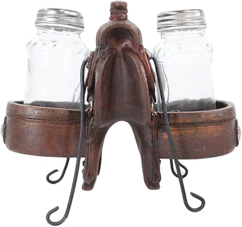 Miniatura 3 de Ebros Gift Country Western Cowboy Horse Sillín con 2 alforjas y conchos plateados, juego de estatuillas de sal y pimentero, acabado de cuero,