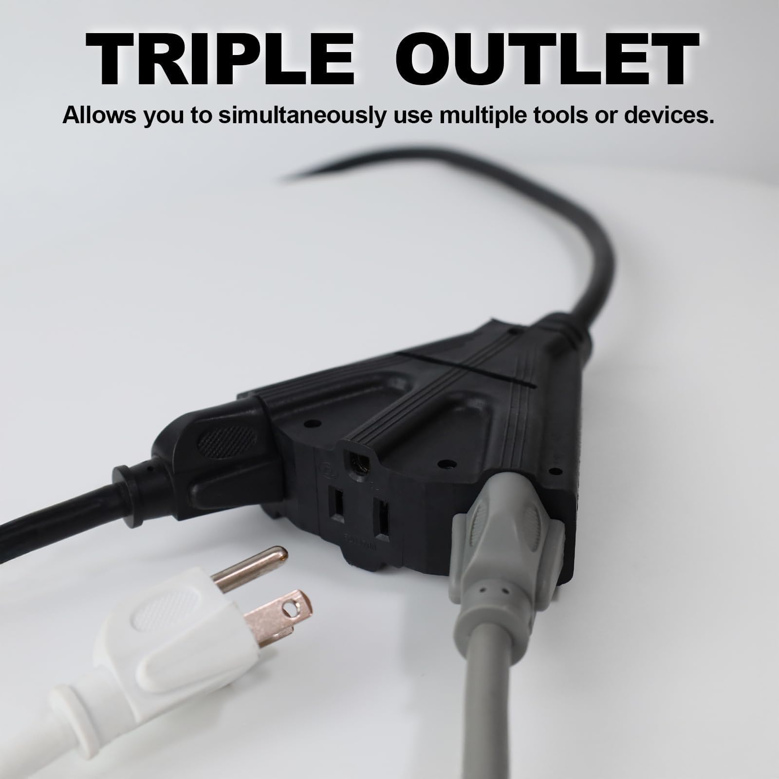 EP Paquete de 2 cables de extensión para exteriores de 10 pies con 3 tomas de corriente eléctricas, cable negro duradero 16/3 SJTW con enchufe de tierra de 3 clavijas