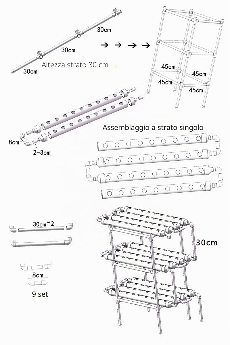 Hydroponic Grow Kit 108 siti di fabbrica, 3 piante a strati in PVC, idroponica, 12 tubi, sistema di coltivazione idroponica, impianto di coltura acquatica, piante da giardino, per ortaggi in