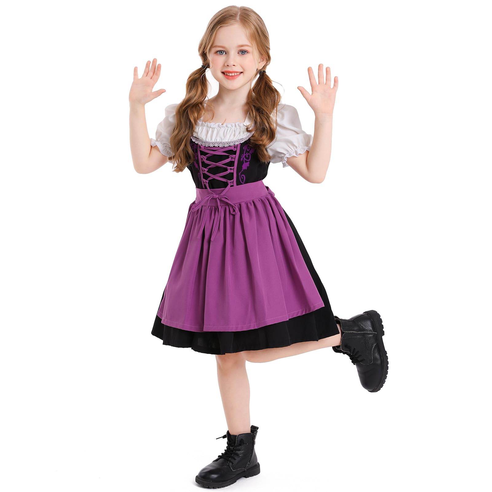 OBEEII Dirndl Mädchen-2Stück Set Dirndl Kleid mit Trachtenbluse und Schürze Bayerisches Tracht Deutsche Oktoberfest Trachtenkleid