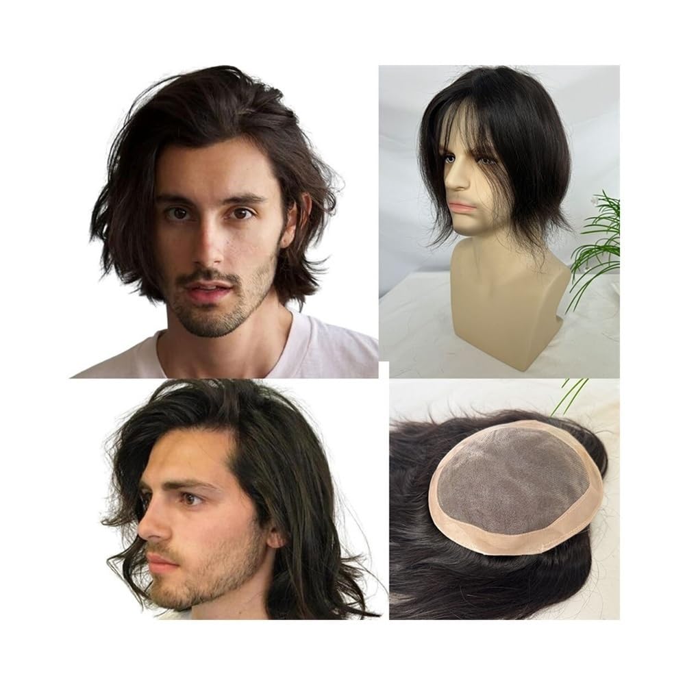 Men's Toupee 9" Indian Human Hair Men's Hairpiece Toupee for Men 6"x8" Fine Mono with PU Base Male Hair Prosthesis(Brown Color)