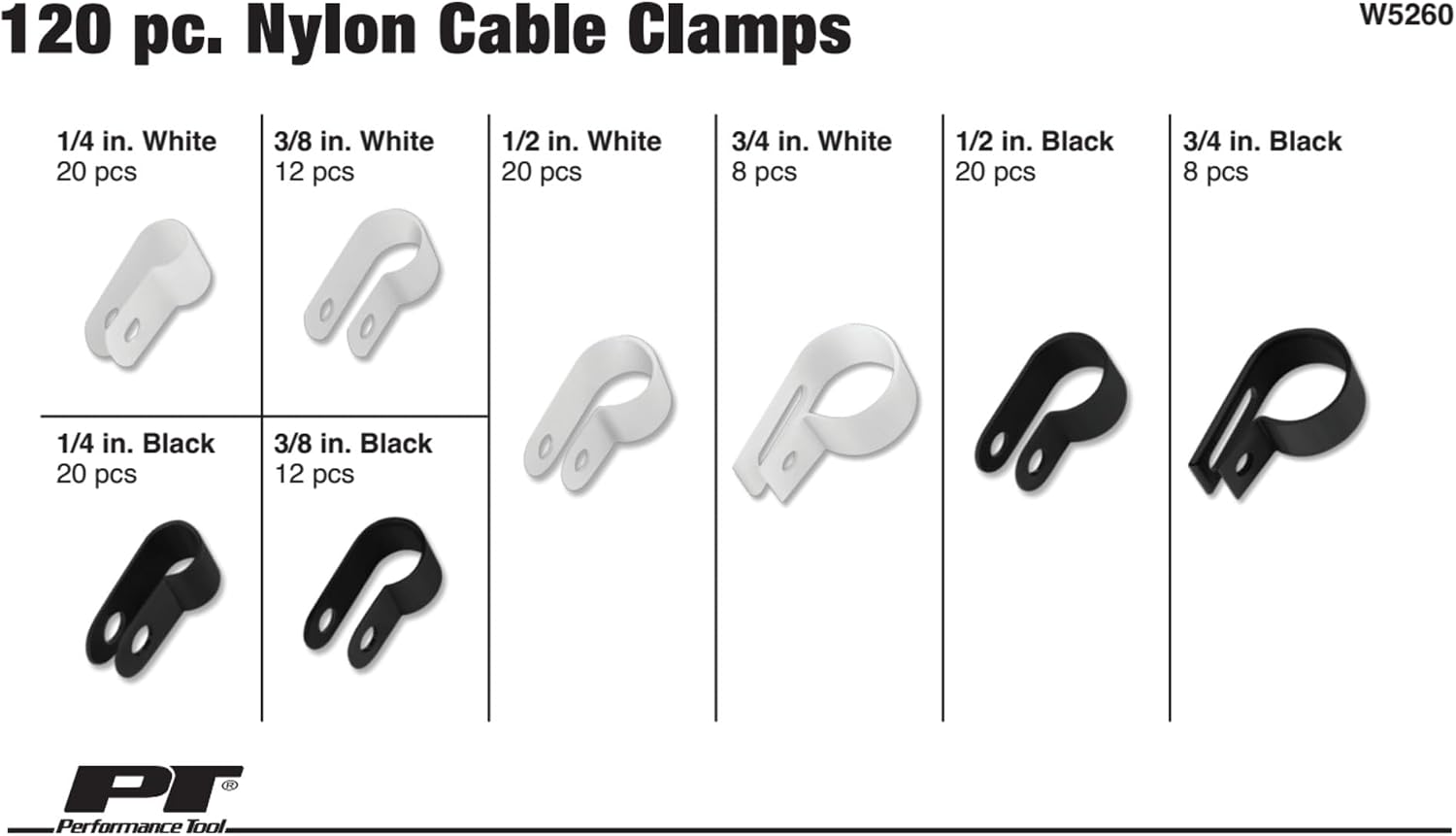 Performance Tool W5260 120 pc. Nylon Cable Clamp Assortment Kit - Secure and Organize Wires and Cables for Home, Office, and Automotive Use