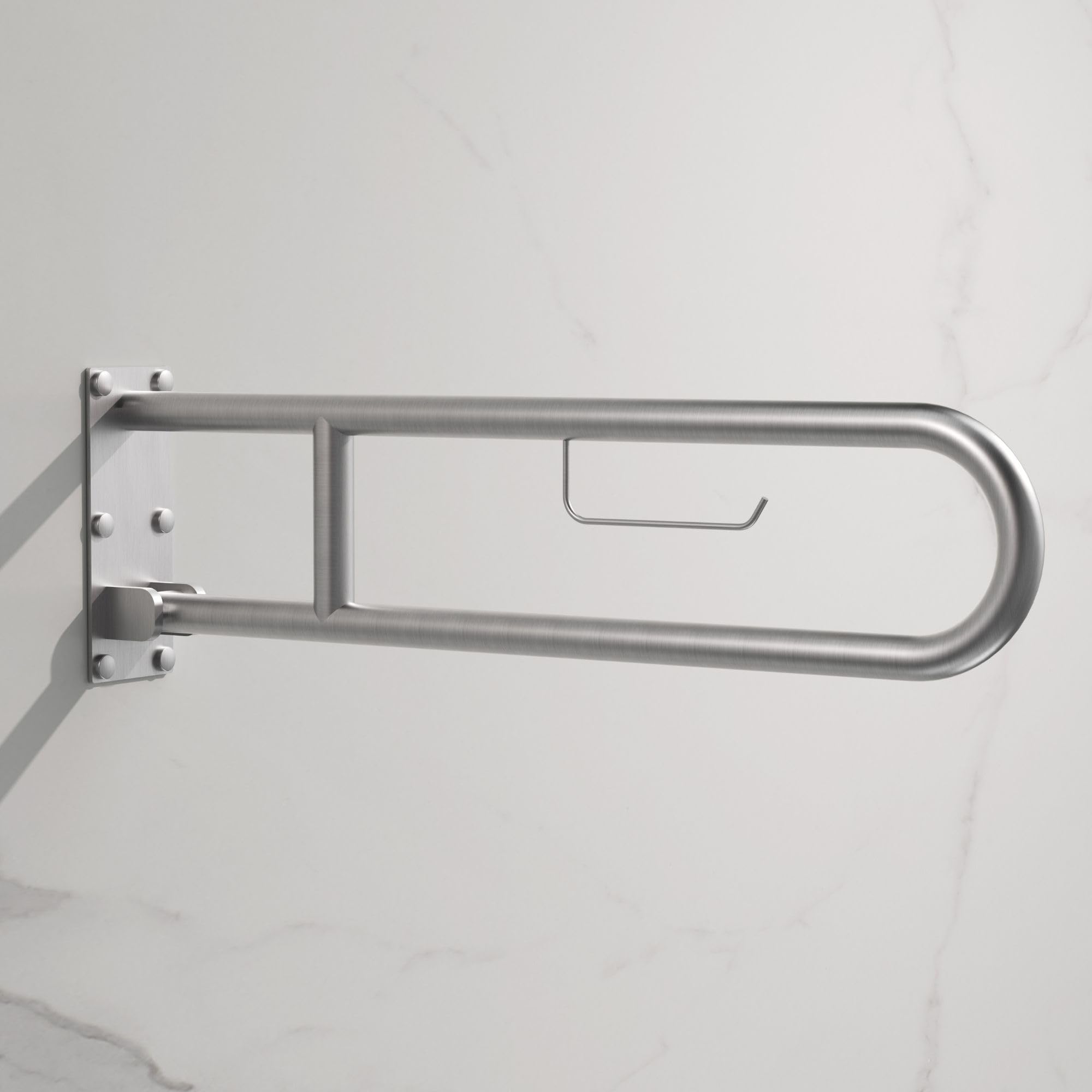 IMEX - Barra Abatible Minusvalidos Baño con Portarrollos | Agarrador Ducha para Personas Mayores o Movilidad Reducida | Asa de Seguridad para WC | Resistente a la Corrosión y Humedad