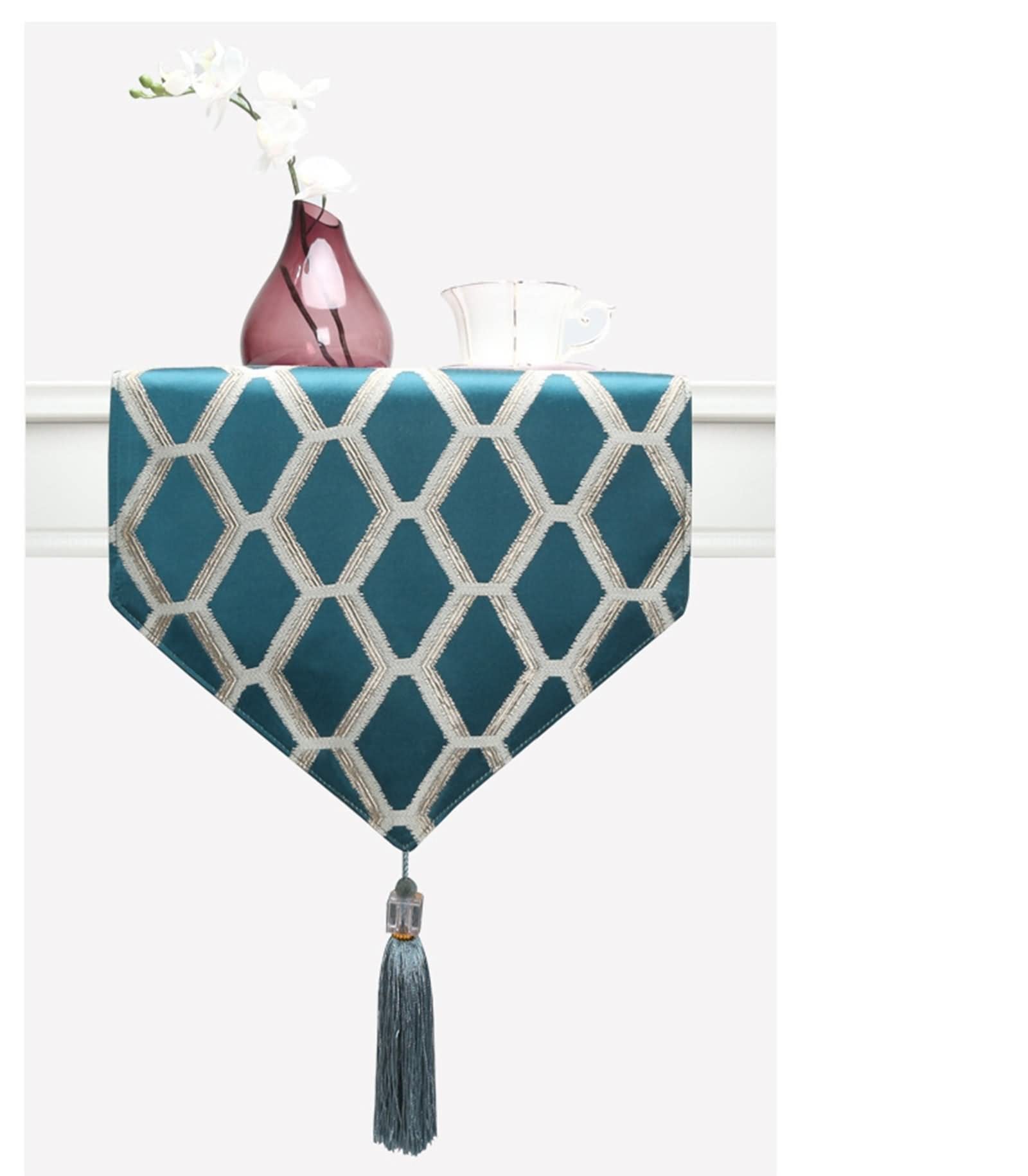 Tischläufer Herbst, Tischtuch für Biertisch aus Polyester Quaste Dreieck Geometrisches Muster Dunkelgrün 35x200CM für Feiertage Küche