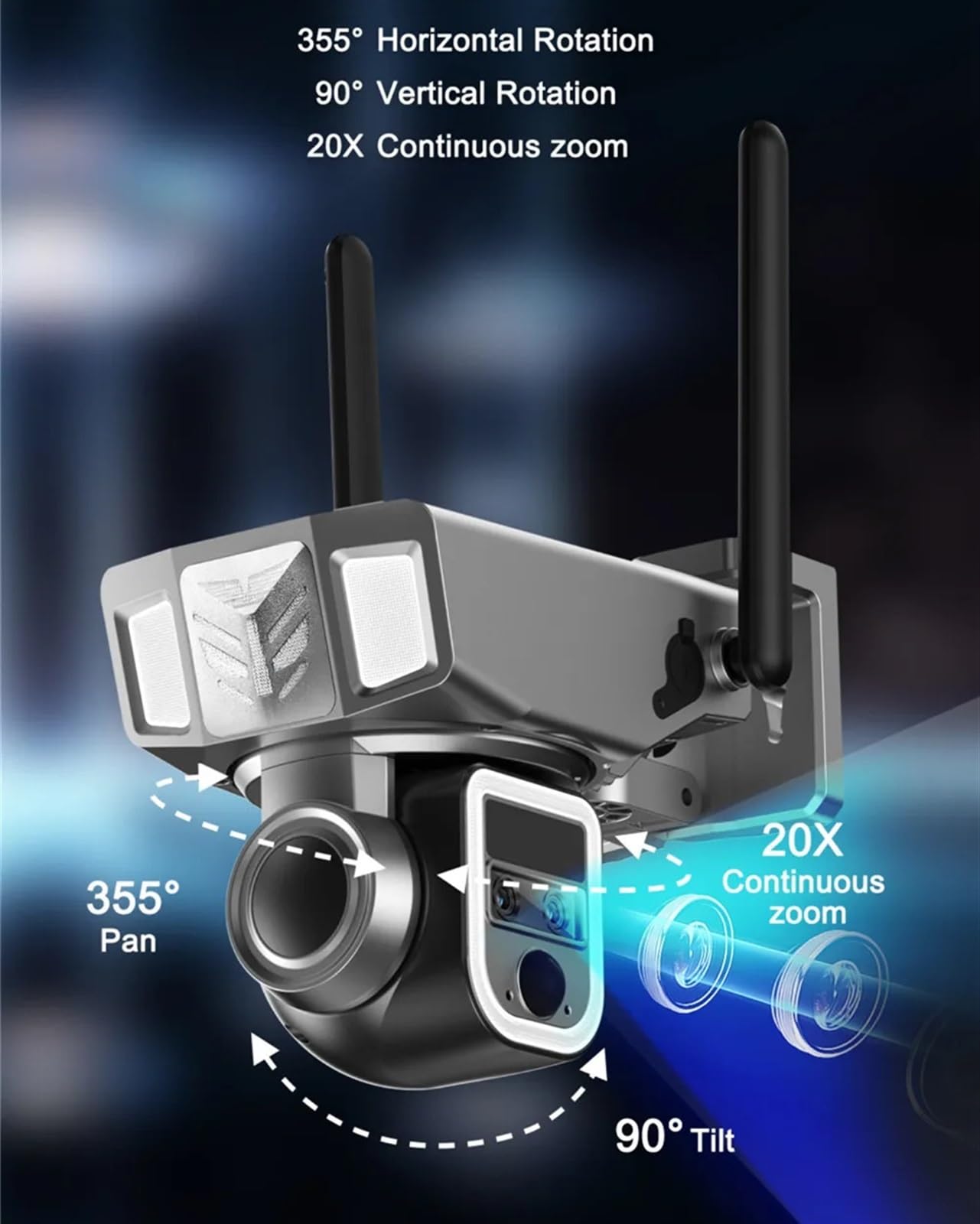 Cámara de Seguridad, Cámara Solar inalámbrica con Zoom 20X, 4MP, 4G, Tres Lentes, Panel, detección Humana, cámara de Seguridad PTZ, Impermeable(WiFi Add 64GB Card)